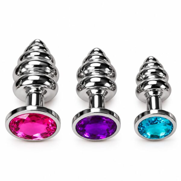 Silver Thread Ribbed Anal Plug with Jewel Base (1)